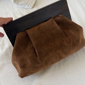 Brown Suede Clutch with Wooden Frame